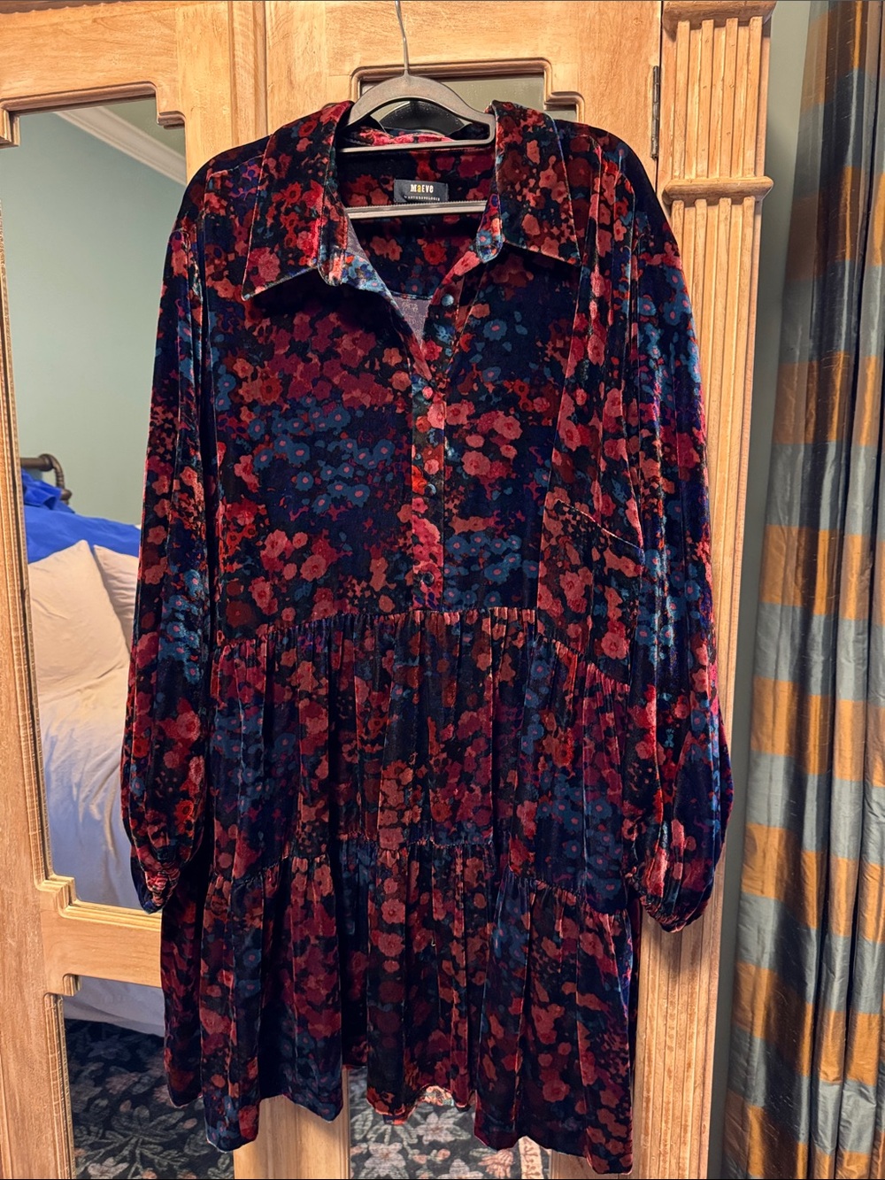 Maeve Floral Velvet Button-Front Mini Dress - Burgundy & Navy